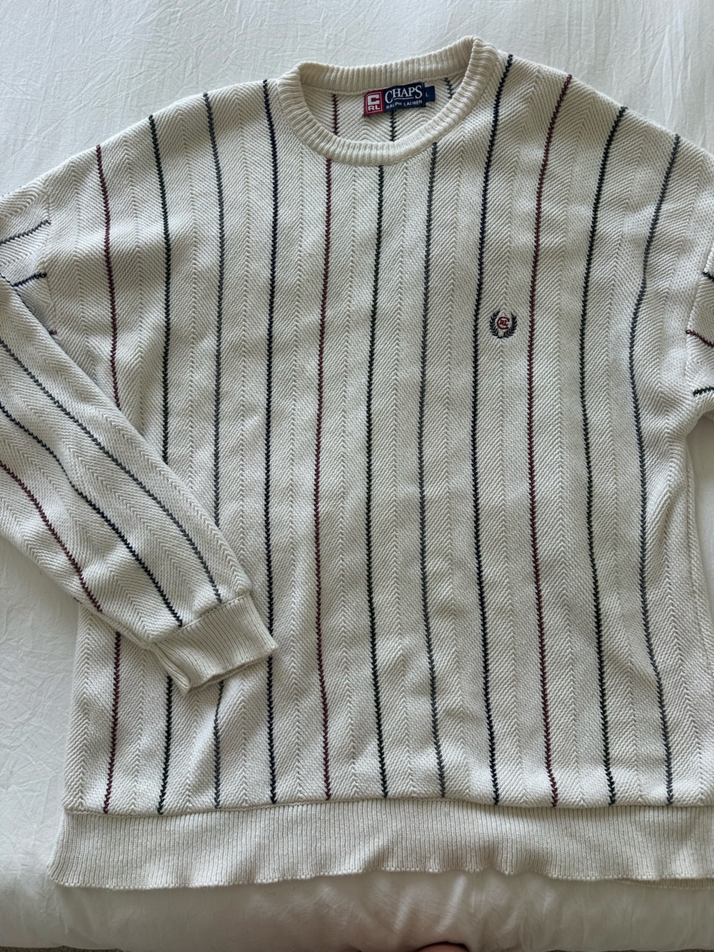Chaps Ralph Lauren Cream Crewneck Sweater with Black,green and red Stripes